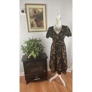 Floral Print Women Dress Tree Tiers Puff Short Sleeve Below Knee Build-in Bra